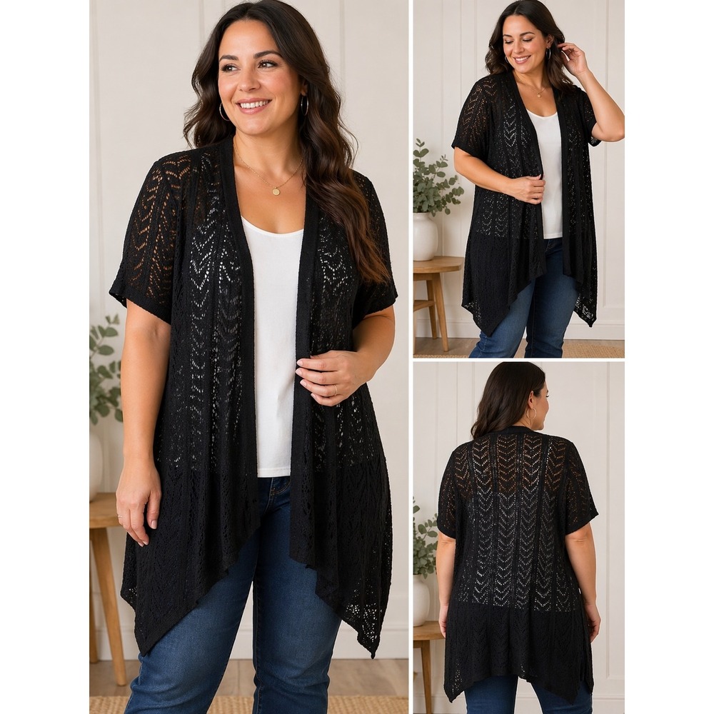 World Unity Black Pointelle Knit Cardigan XL Short Sleeve Open Front Chevron